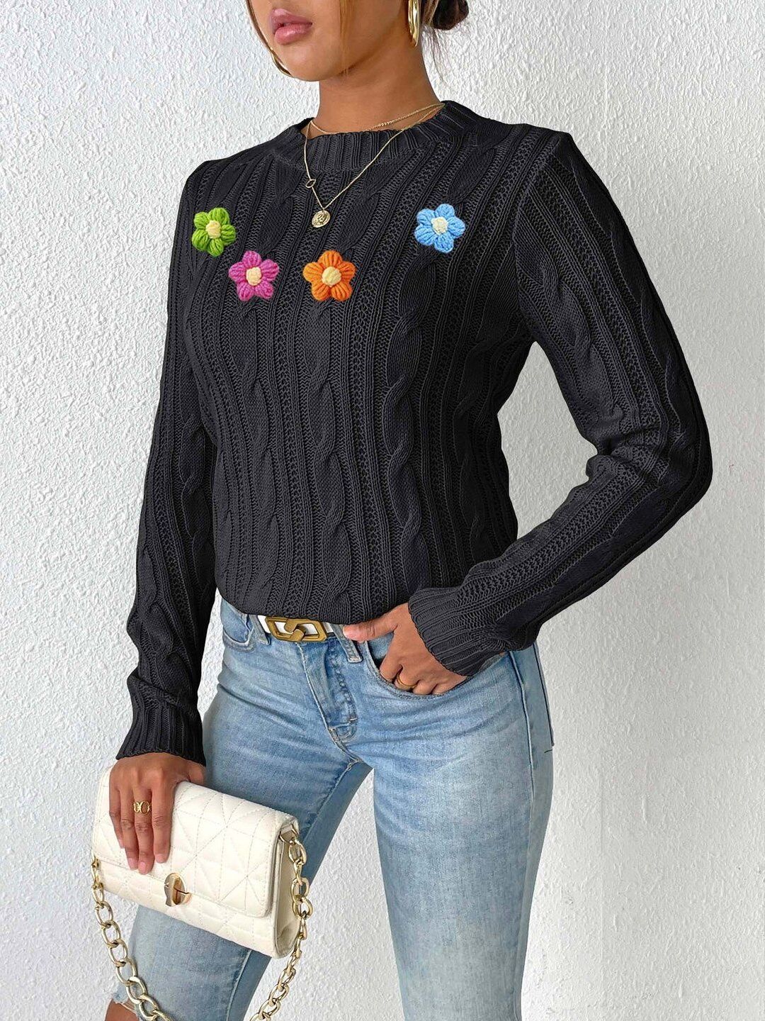 Women Cable Knit Pullover with Applique Detail