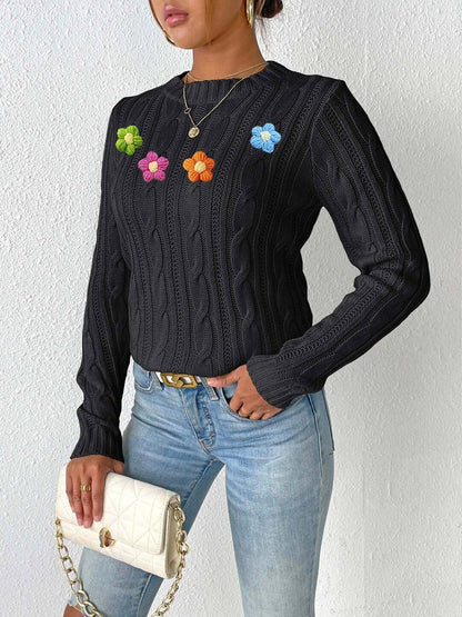 Women Cable Knit Pullover with Applique Detail
