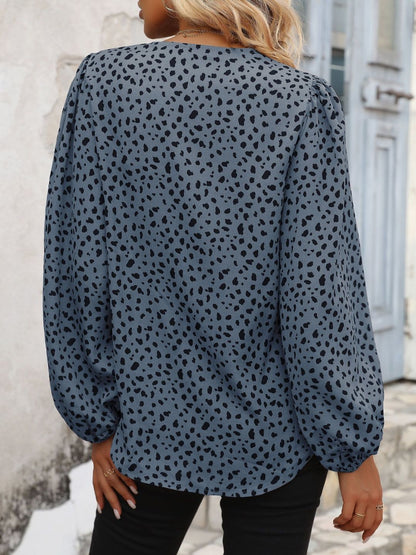 Women's Blue Animal Print Puff Sleeve Top