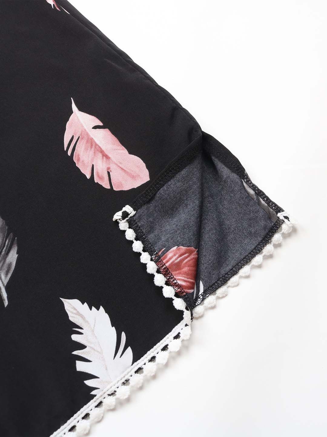 Black Bohemian Feather Print Tie-Up Neck Dress