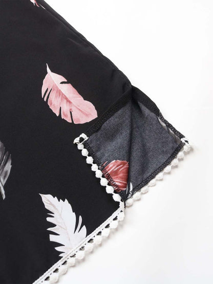 Black Bohemian Feather Print Tie-Up Neck Dress