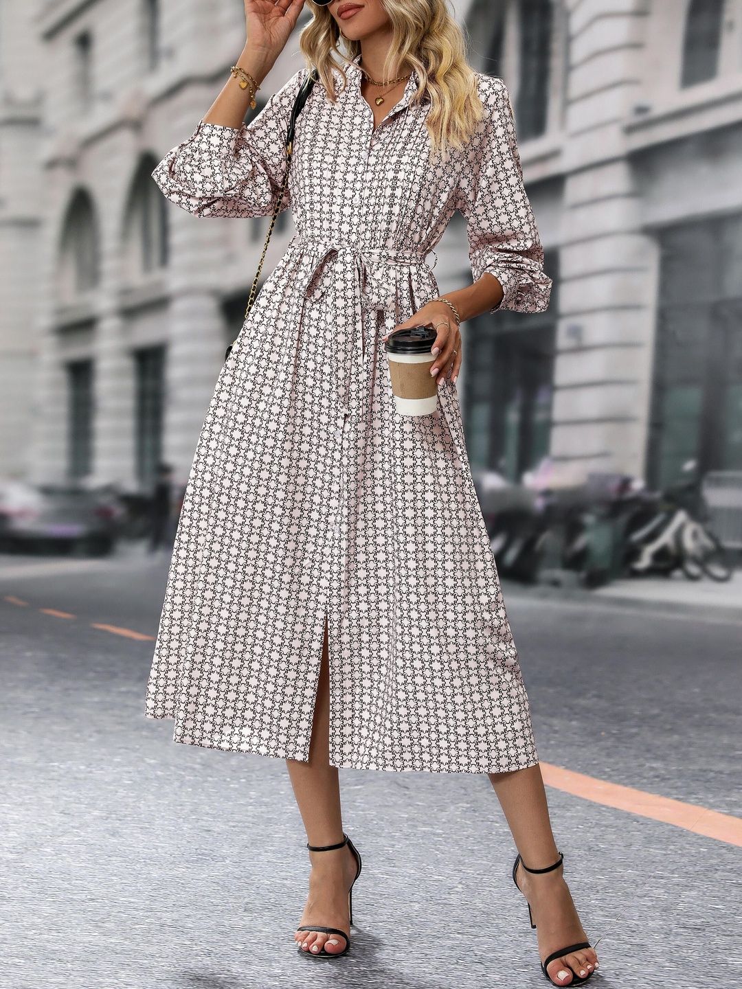 Women's Pink Print Shirt Midi Dress