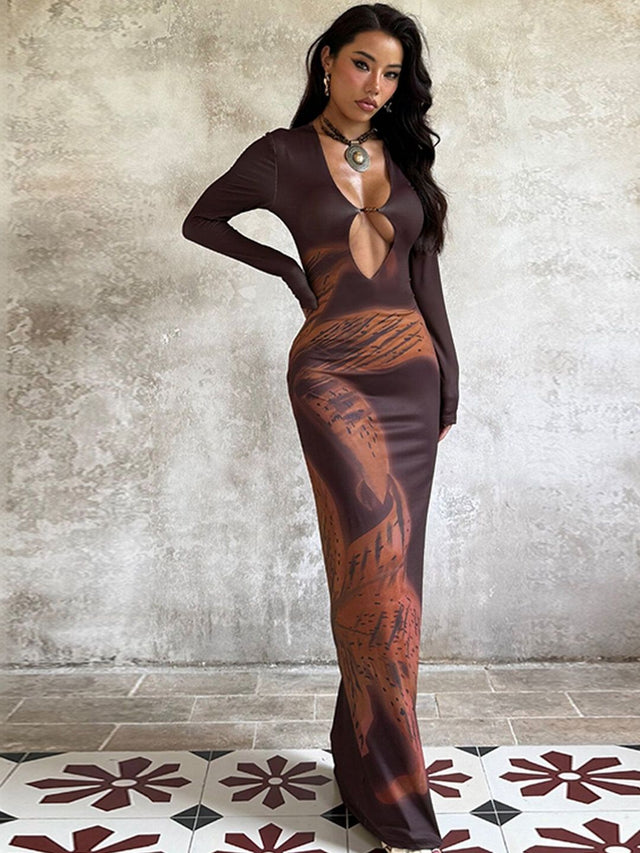 Print Bodycon Maxi Dress in Brown polyester Printed - Nowi Korean Fashion
