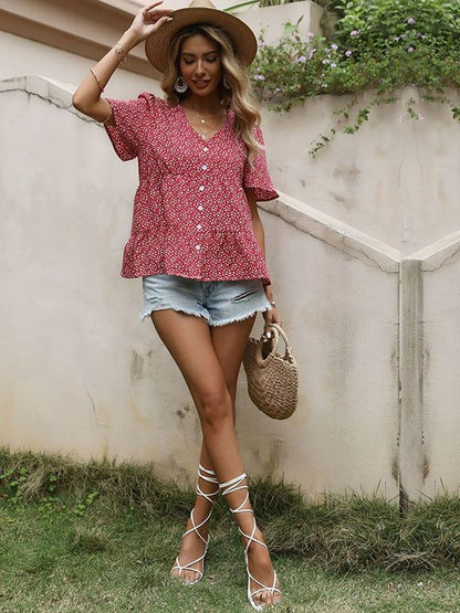 Floral Printed Casual Shirt in Red Cotton - Nowi Korean Fashion