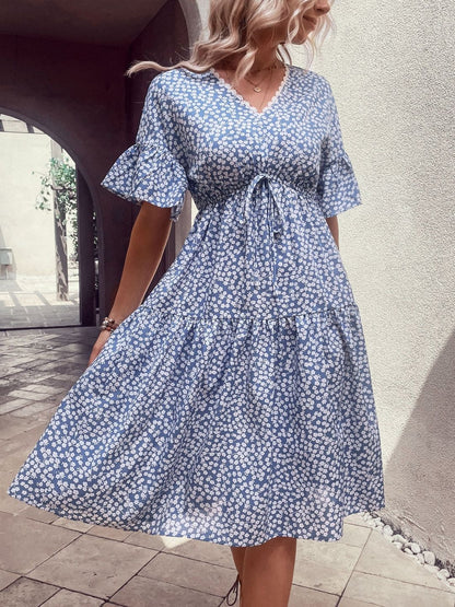 Floral Print Flutter Sleeve Fit & Flare Midi Dress