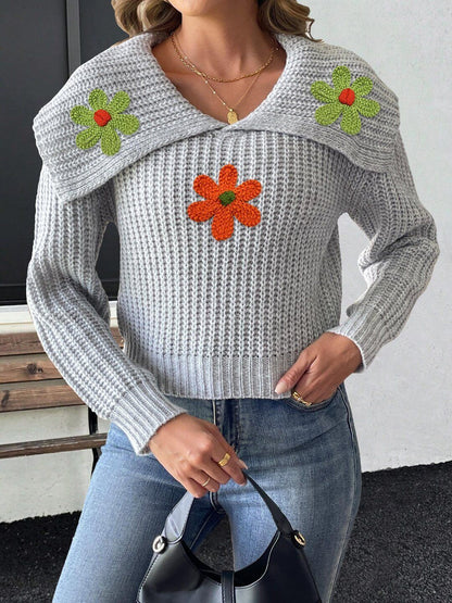 Women Floral Ribbed Pullover with Embroidered Detail