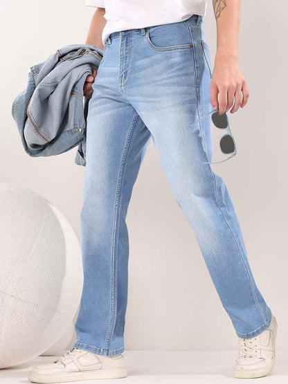 Straight Fit Mid-Rise Light Fade Jeans in Blue cotton Style 996 - Nowi Korean Fashion