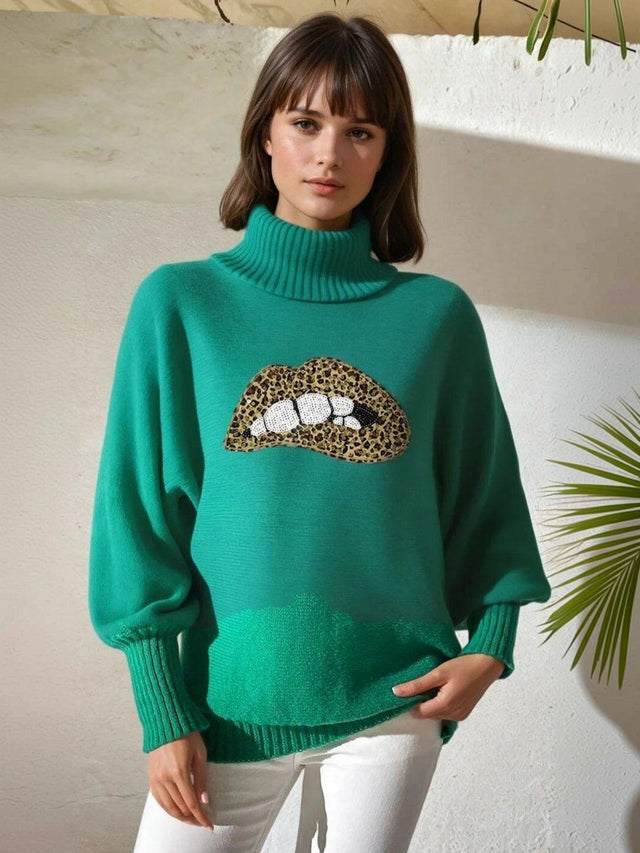 Animal Printed Pullover with Embellished Detail in Green acrylic - Nowi Korean Fashion