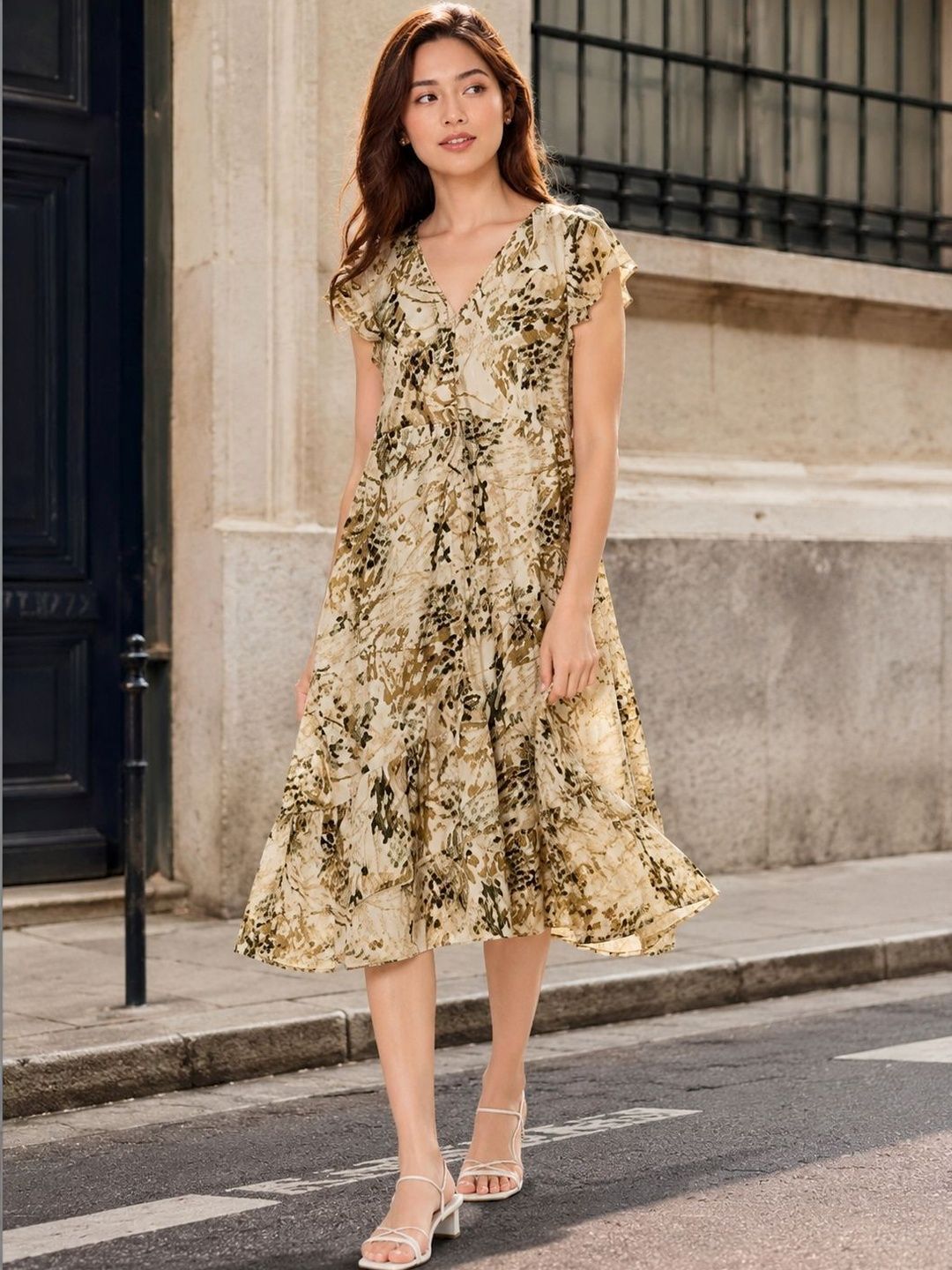 Print Flutter Sleeve Fit & Flare Midi Dress