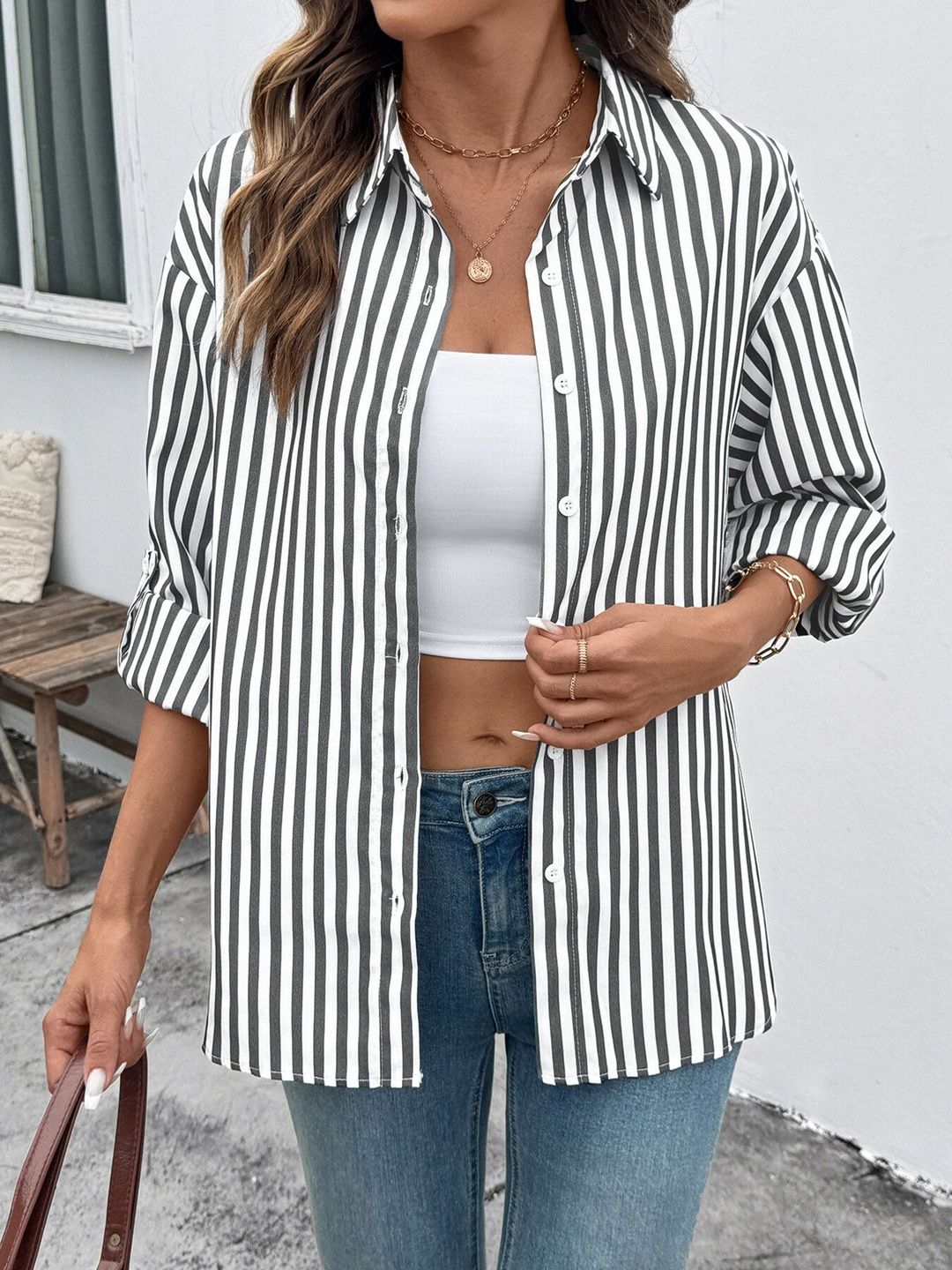 Striped Casual Shirt in Black Cotton - Nowi Korean Fashion