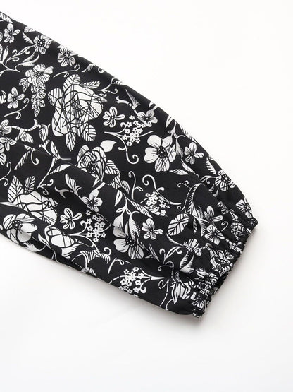 Women's Black Floral Print Bishop Sleeve Midi Dress