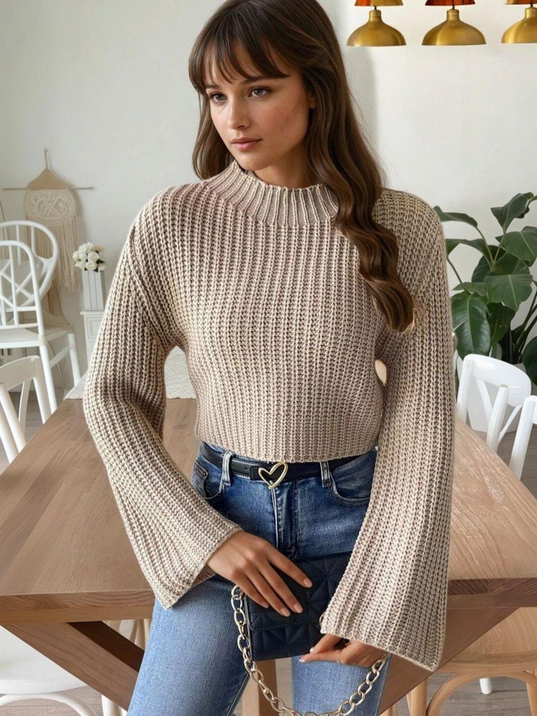 Ribbed Crop Pullover in Beige acrylic - Nowi Korean Fashion