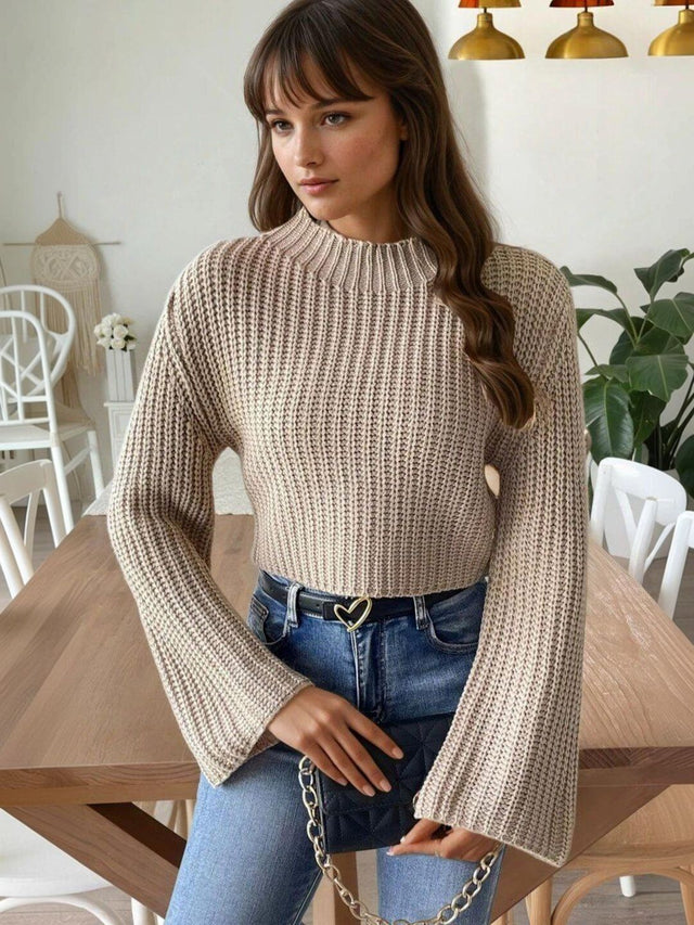 Ribbed Crop Pullover in Beige acrylic - Nowi Korean Fashion