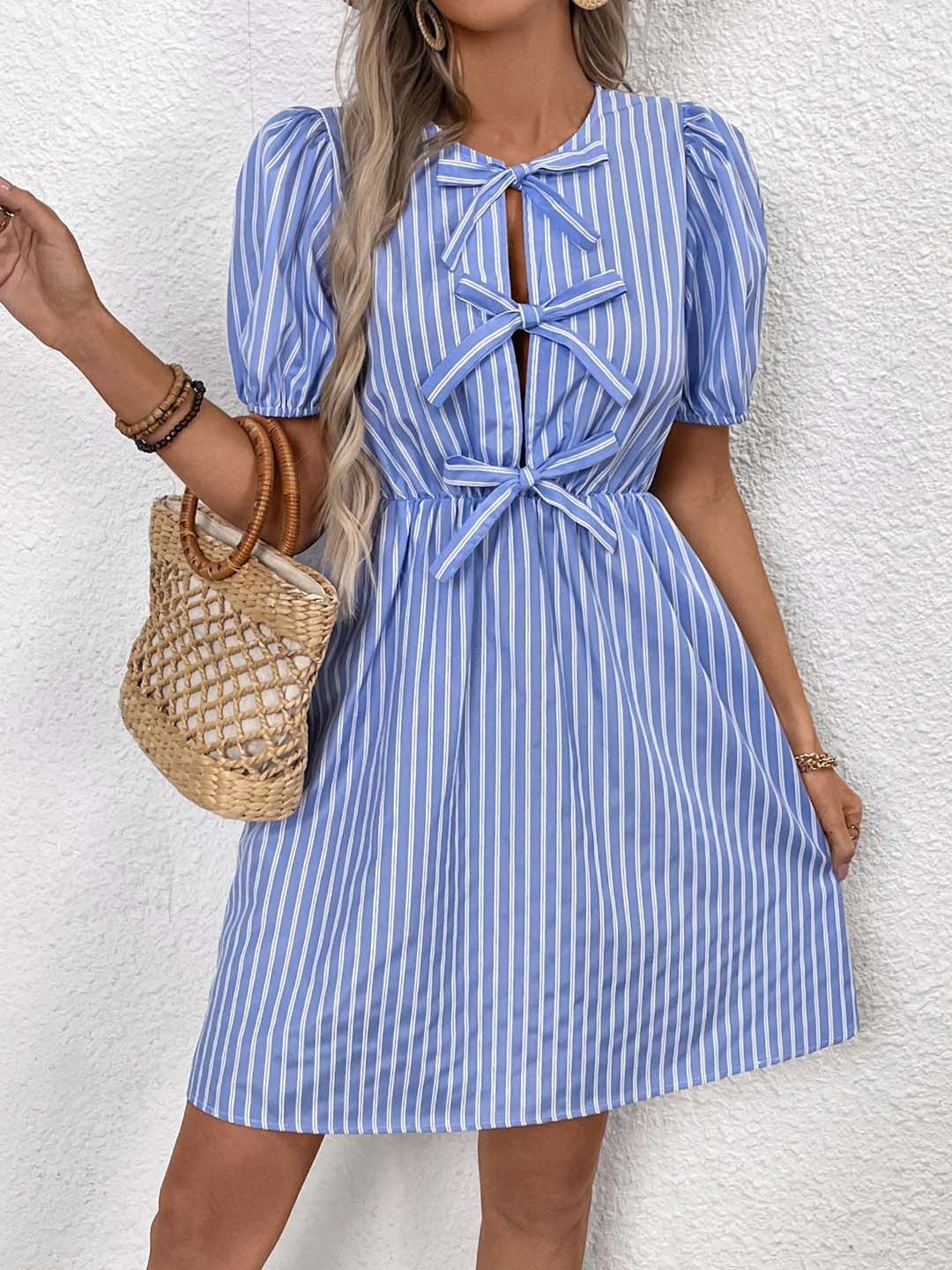 Striped Puff Sleeve A-Line Dress