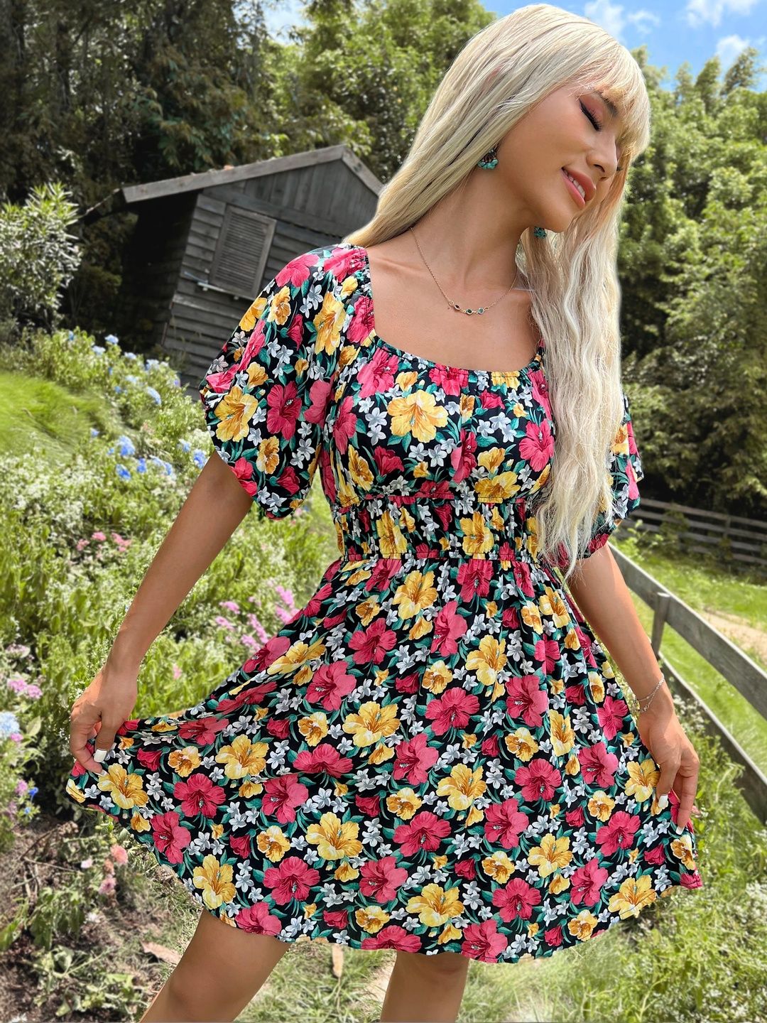 Floral Print Off-Shoulder Puff Sleeve Fit & Flare Dress
