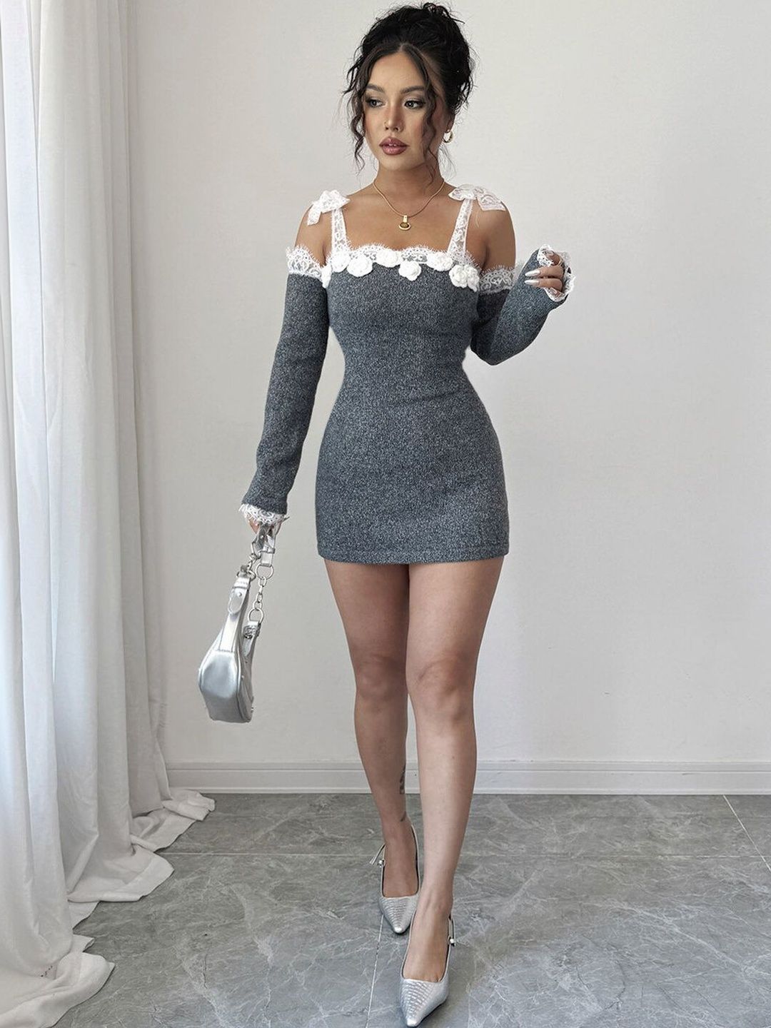Ribbed Pullover with Embellished Detail in Grey acrylic - Nowi Korean Fashion