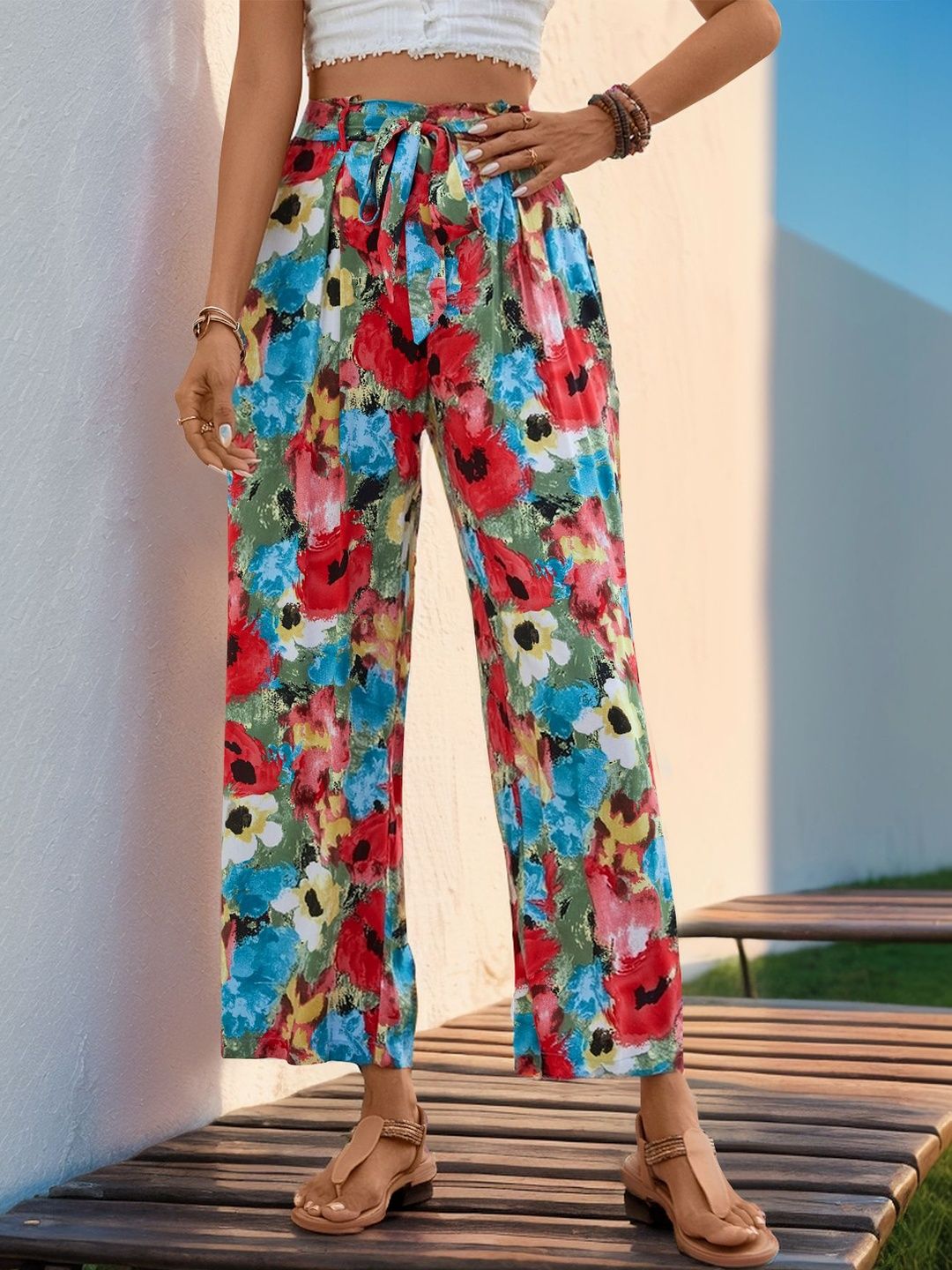 Women Floral Printed Non Iron Pleated Trousers