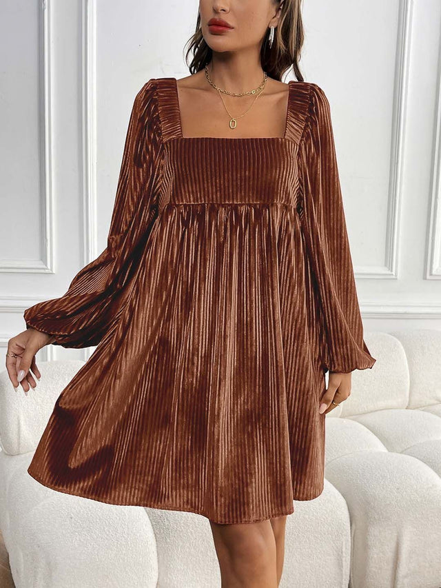 Bishop Sleeve A-Line Dress in Brown - Nowi Korean Fashion