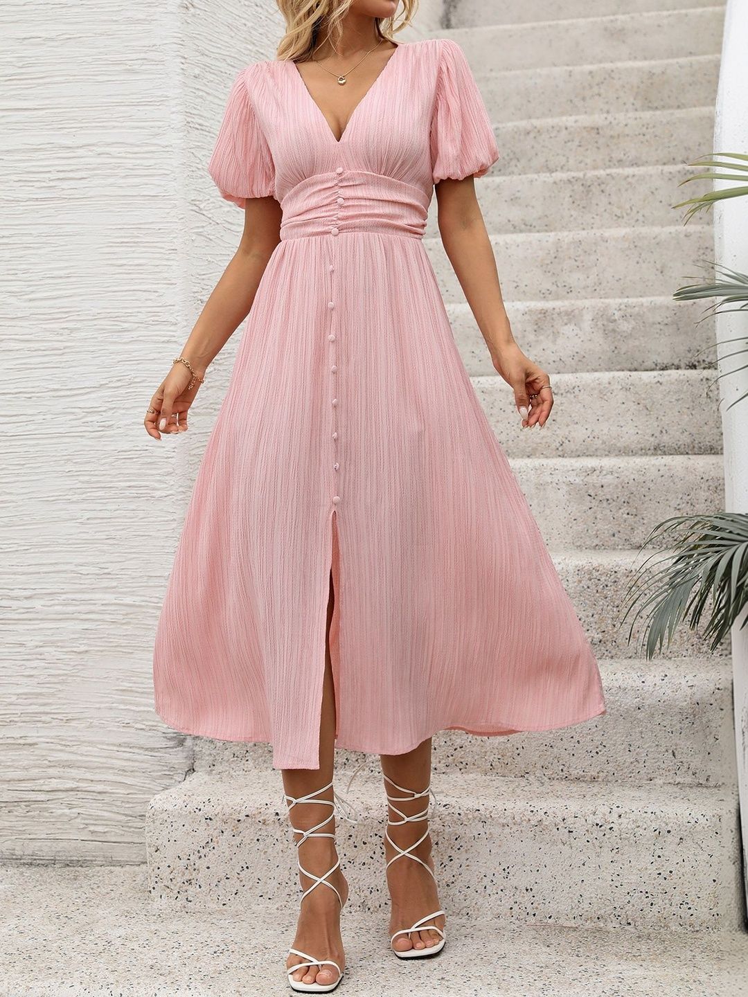Puff Sleeve Fit & Flare Midi Dress - Nowi Korean Fashion