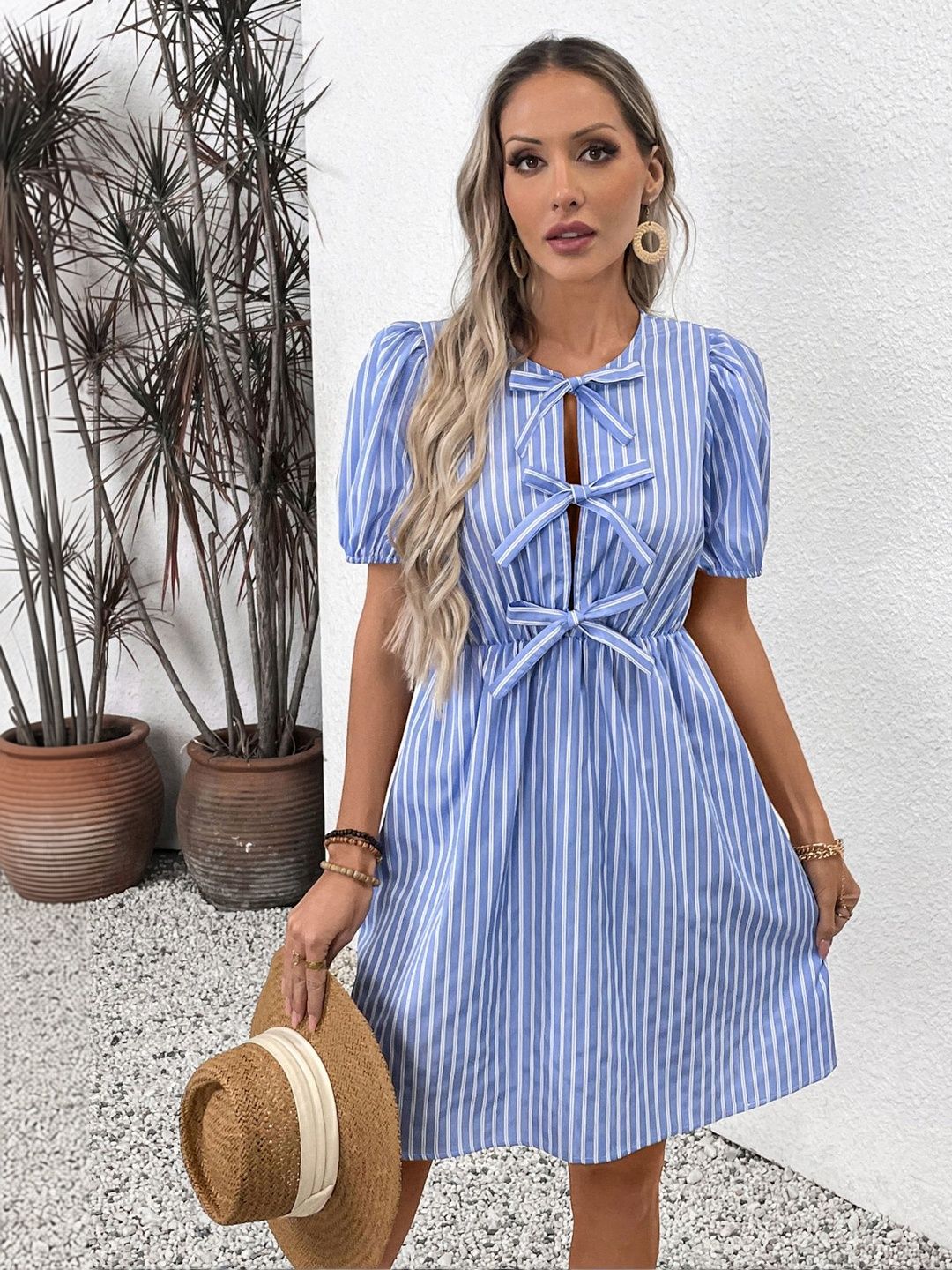 Striped Puff Sleeve Fit & Flare Dress in Blue cotton - Nowi Korean Fashion