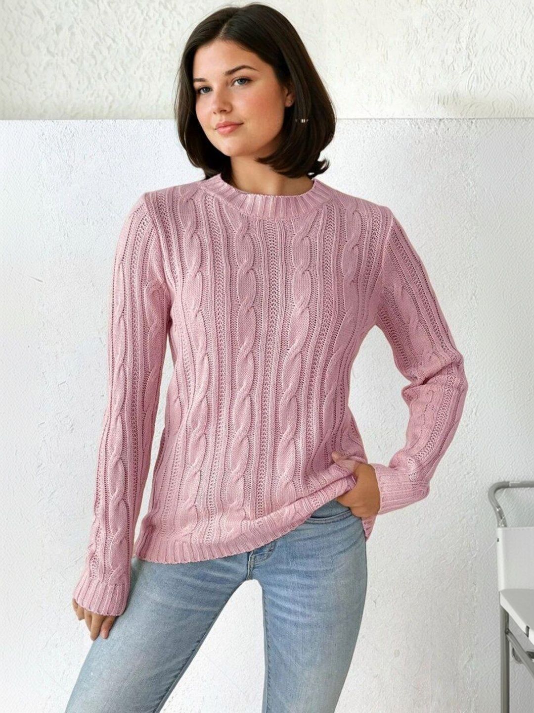 Cable Knit Pullover in Pink acrylic Style 767 - Nowi Korean Fashion