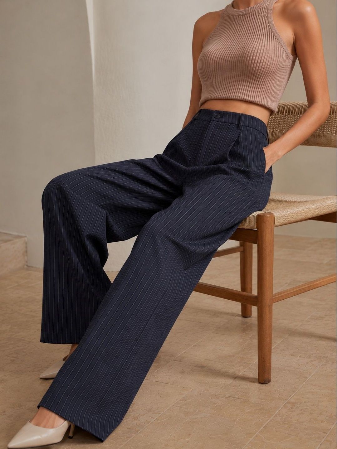 Women Striped Relaxed High-Rise Easy Wash Pleated Trousers