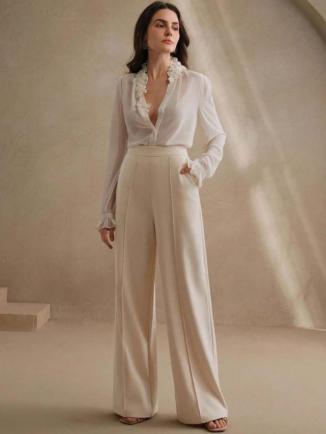 Straight Fit High-Rise Trousers in Beige polyester - Nowi Korean Fashion