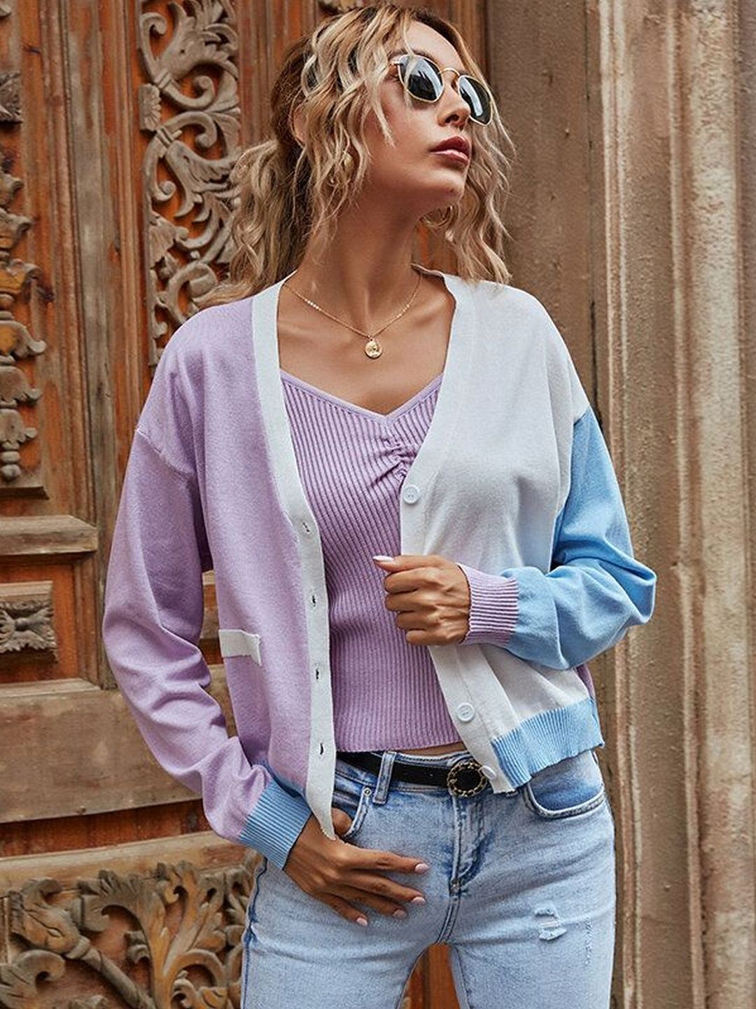 Women's Purple Colourblocked Cardigan