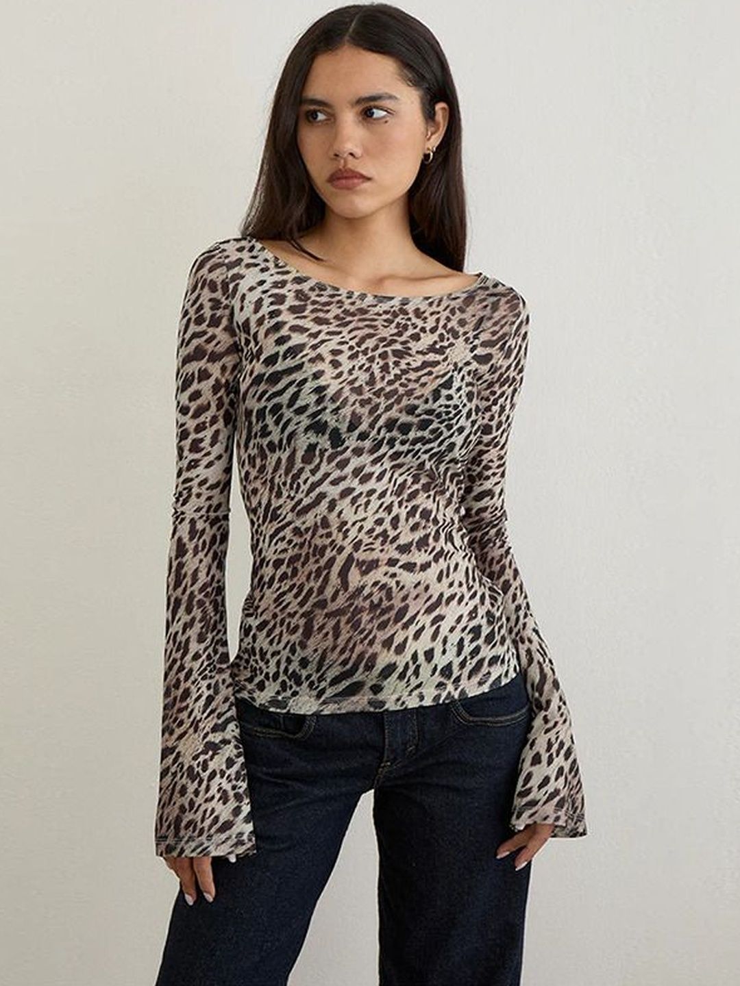Women's Grey Nowi Animal Print Bell Sleeve Top