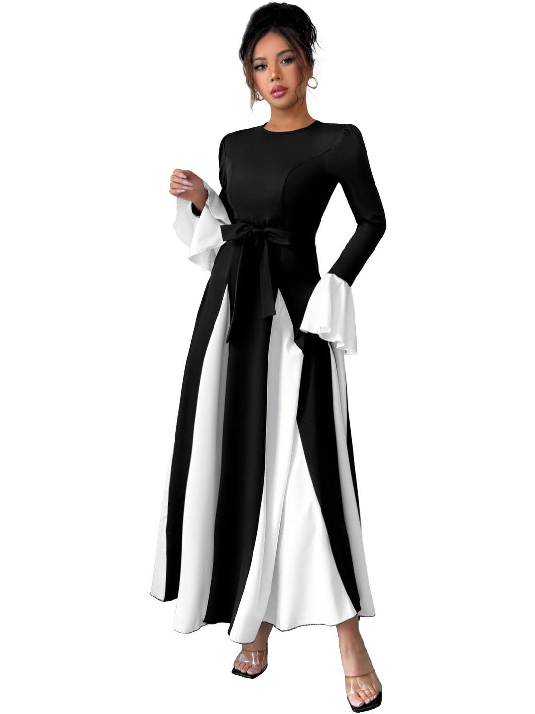 Colourblocked Bell Sleeve A-Line Maxi Dress in Black - Nowi Korean Fashion