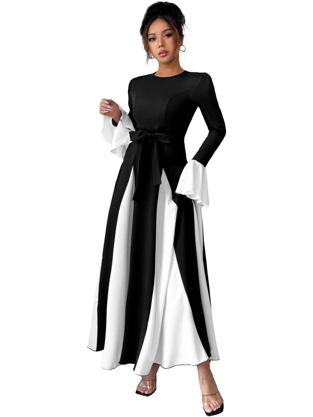 Colourblocked Bell Sleeve A-Line Maxi Dress in Black - Nowi Korean Fashion