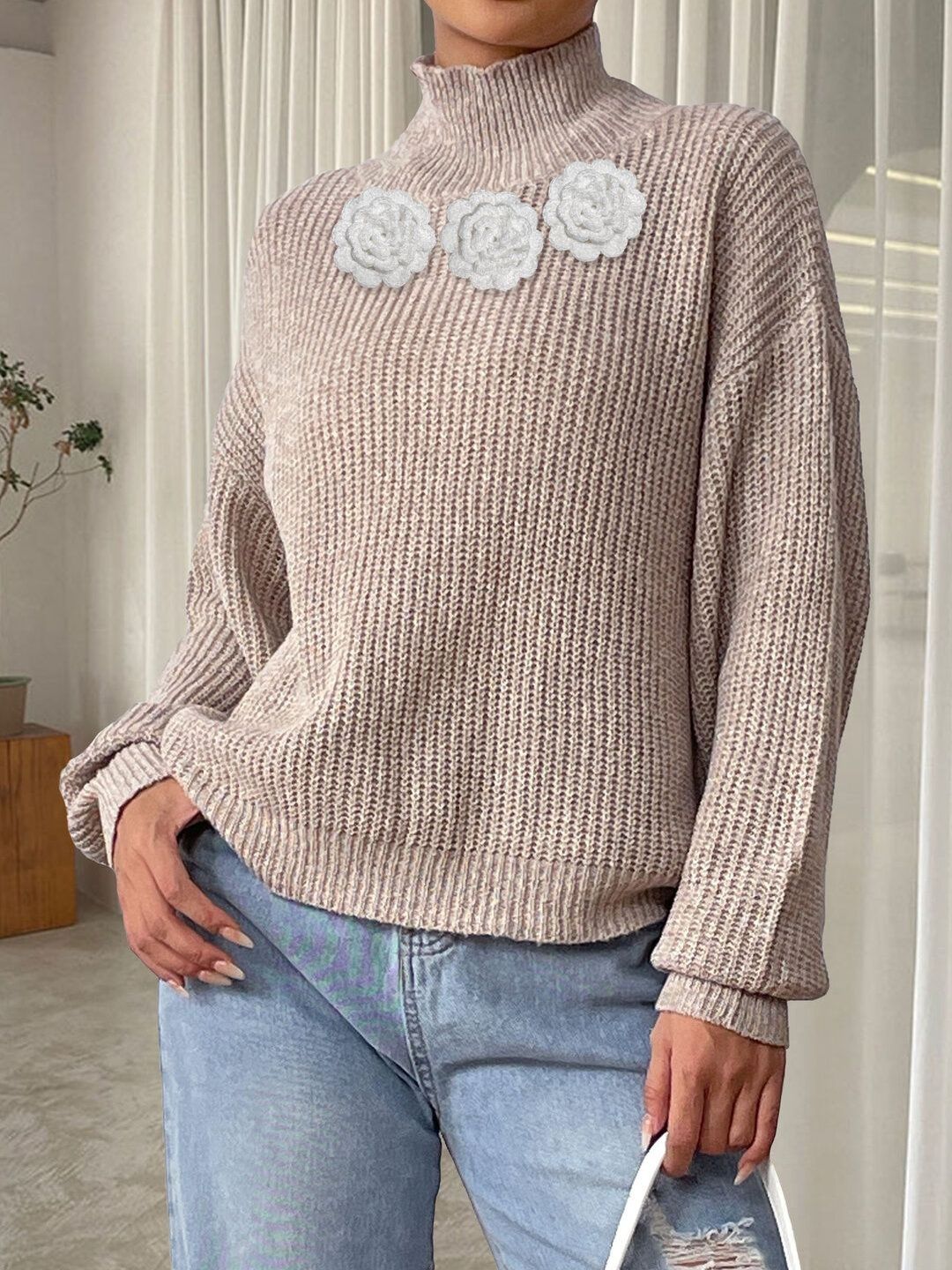 Women Ribbed Pullover with Applique Detail