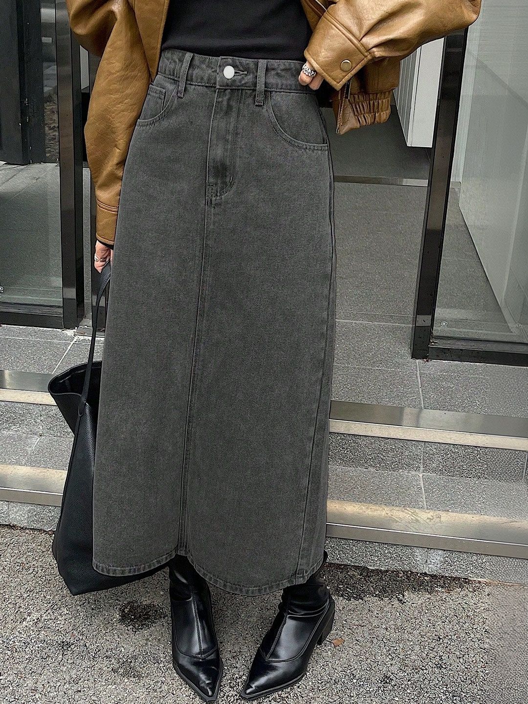 NOWI Women High Rise Back Slit Denim Straight Midi Skirt