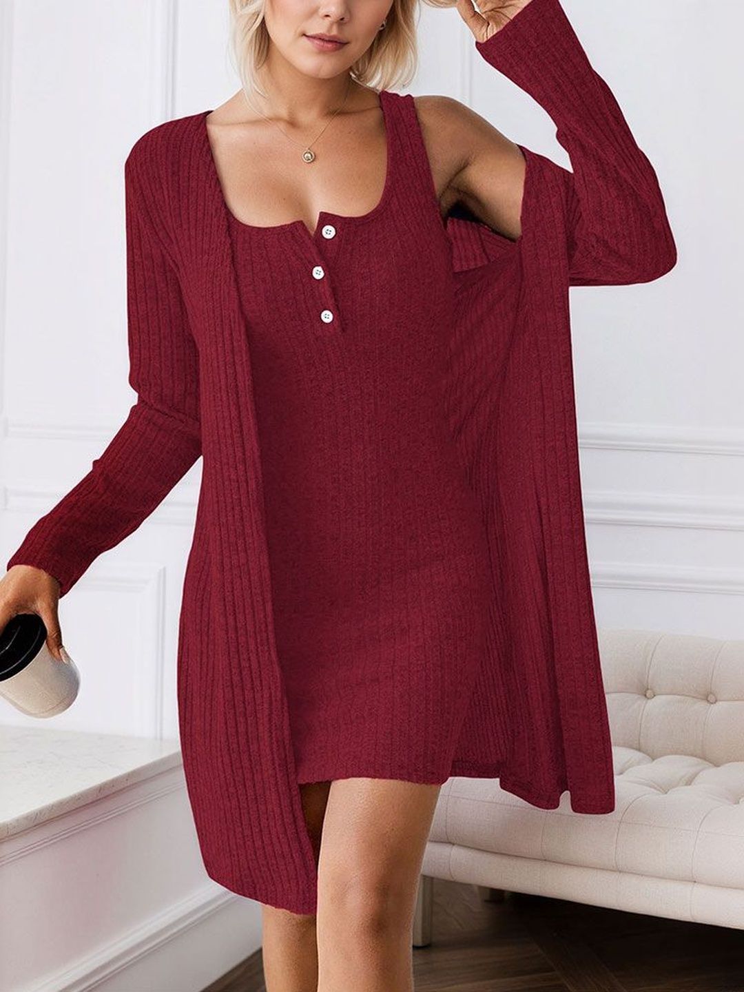 NOWI Striped Bodycon Dress with Coat
