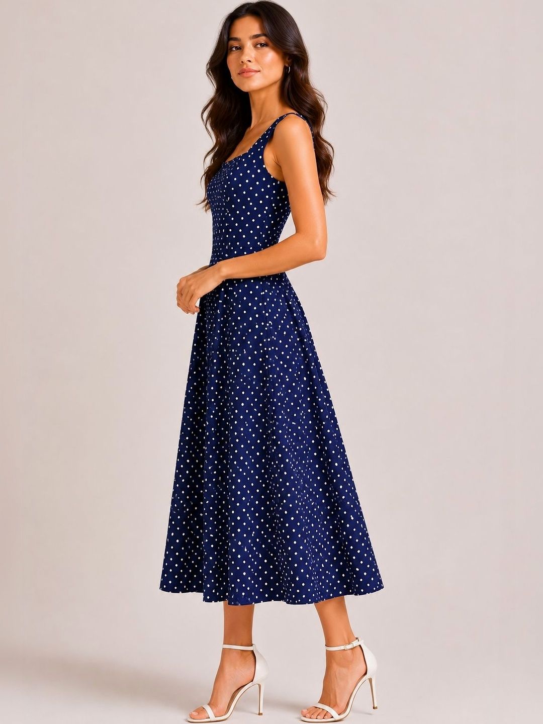 Polka Dot Print Satin A-Line Midi Dress