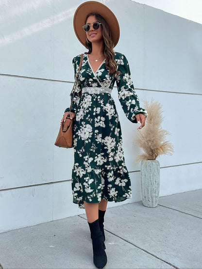 Floral Print Fit & Flare Midi Dress in Green Style 513 - Nowi Korean Fashion