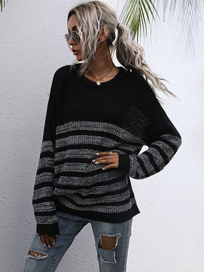 Striped Pullover in Black Style 709 - Nowi Korean Fashion