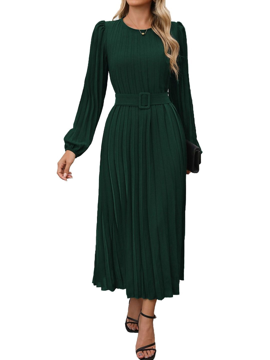 Puff Sleeve A-Line Midi Dress in Green Style 599 - Nowi Korean Fashion