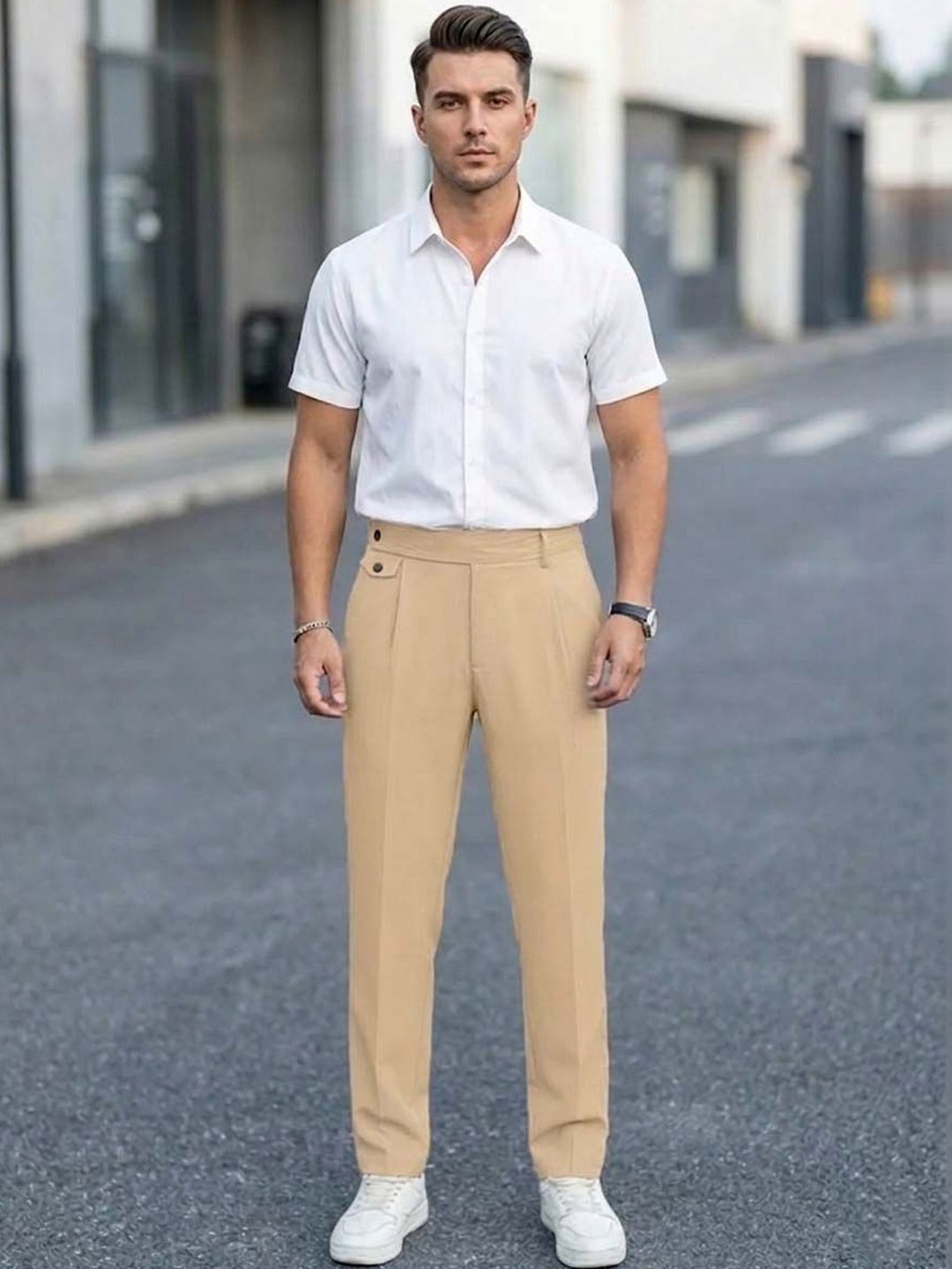 Men Straight Fit Wrinkle Free Pleated Trousers