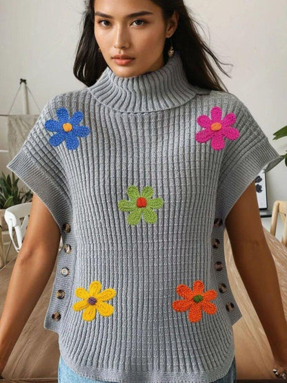 Colourblocked Ribbed Pullover with Applique Detail in Grey acrylic - Nowi Korean Fashion