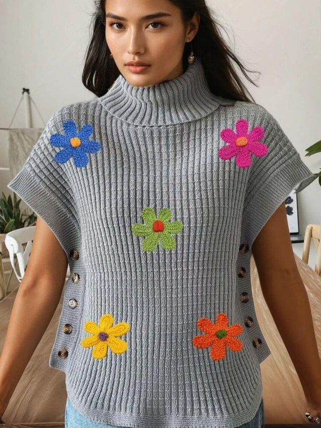 Colourblocked Ribbed Pullover with Applique Detail in Grey acrylic - Nowi Korean Fashion