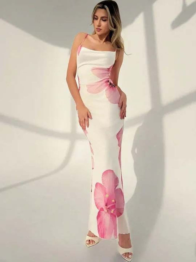 Floral Print Cowl Neck Bodycon Maxi Dress in White polyester - Nowi Korean Fashion
