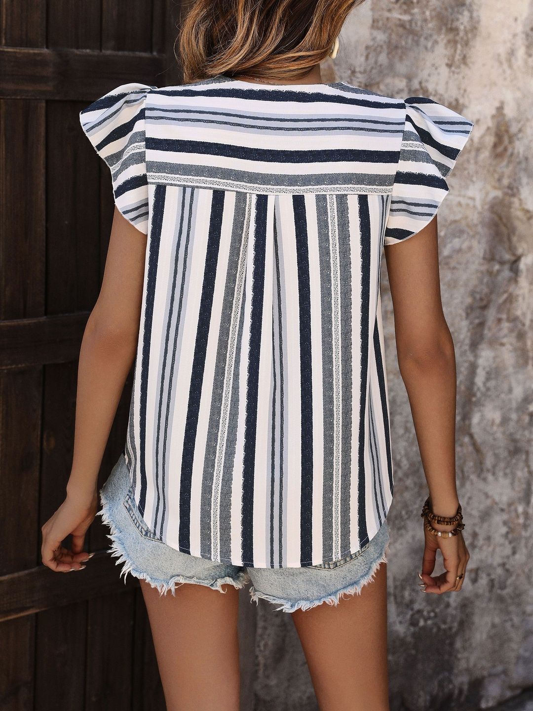 Striped Flutter Sleeve Cotton Top