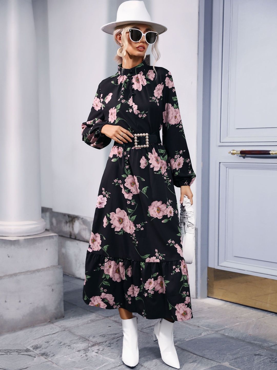 Women's Black Floral Print Bishop Sleeve Maxi Midi Dress