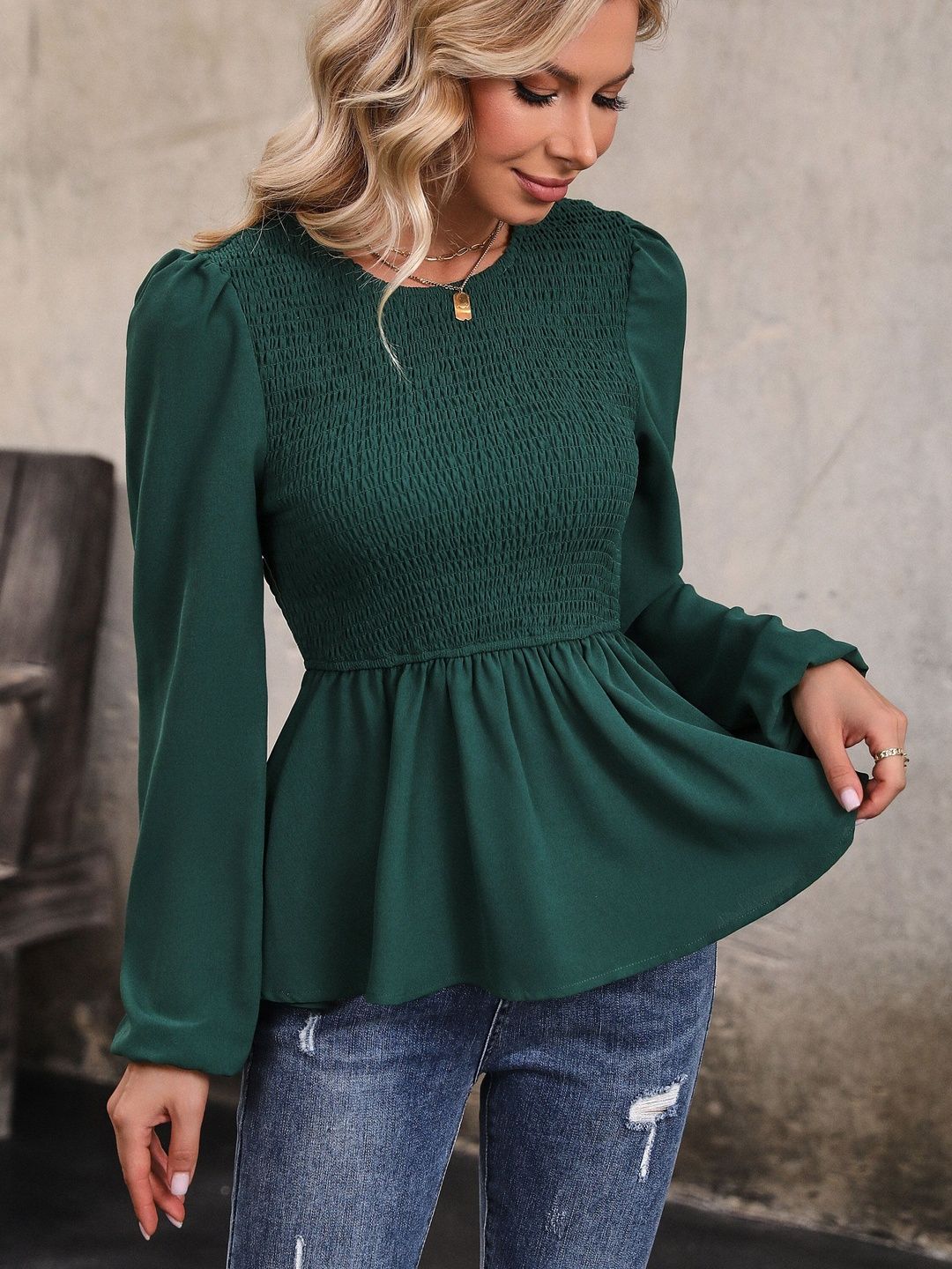 Women's Green Smocked Cotton Peplum Top