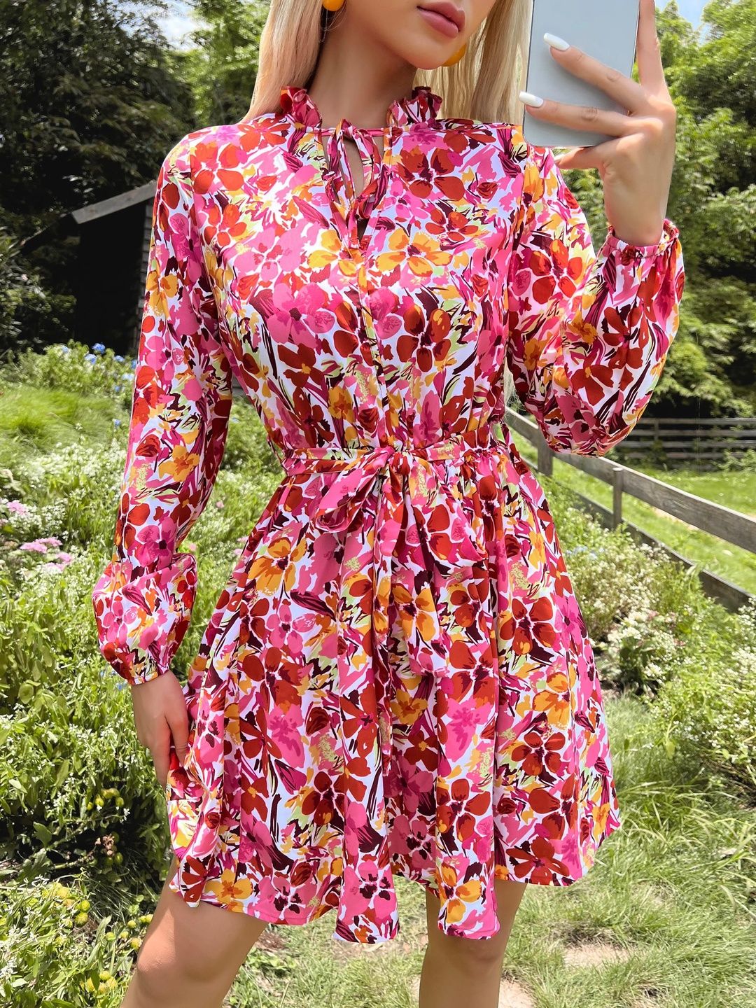 Floral Print Tie-Up Neck Fit & Flare Dress