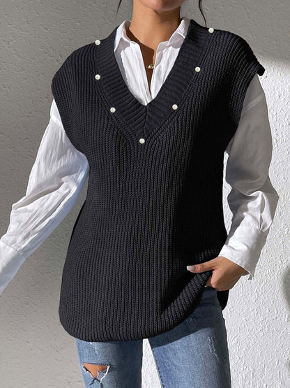 Women Ribbed Sweater Vest with Embellished Detail