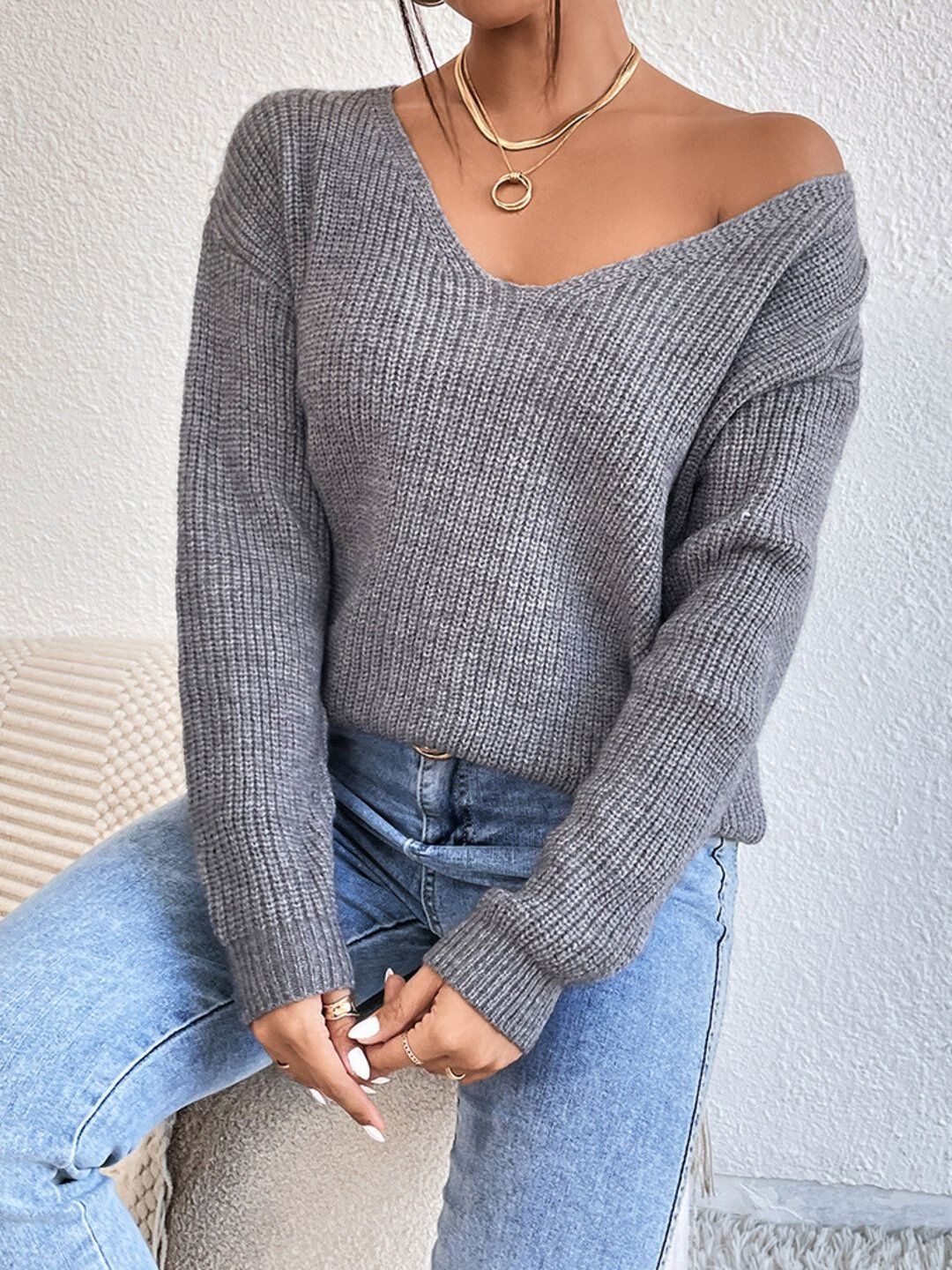 Ribbed Pullover in Grey acrylic Style 417 - Nowi Korean Fashion
