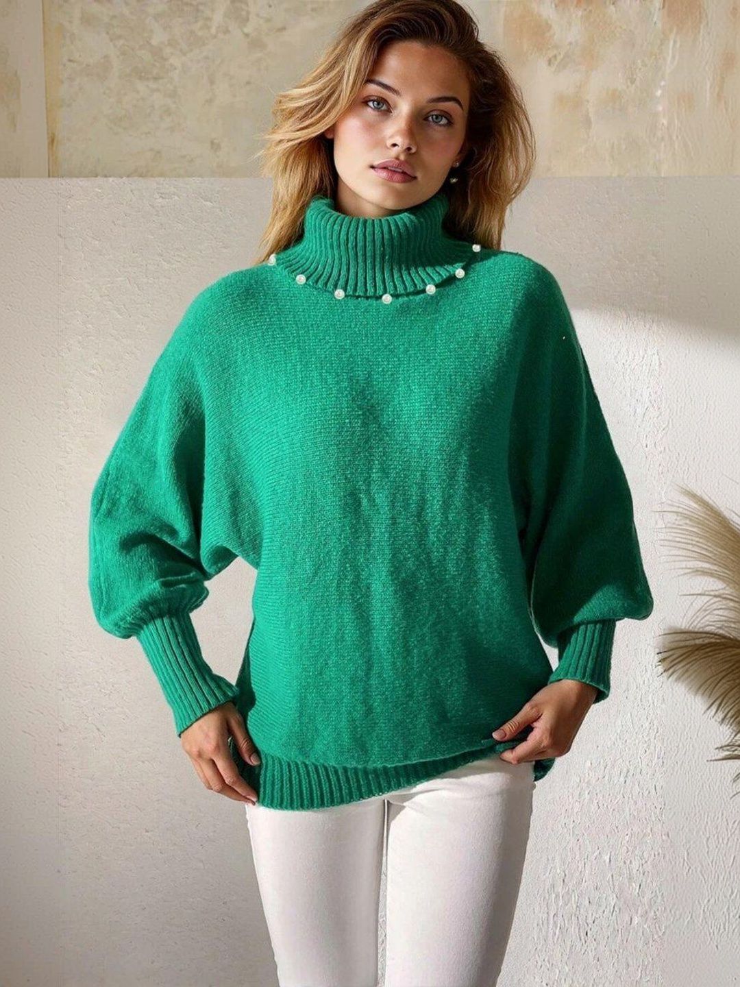 Pullover with Embellished Detail in Green acrylic - Nowi Korean Fashion
