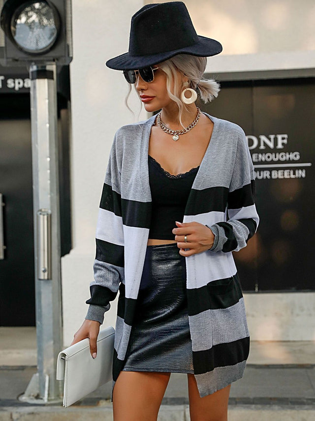 Striped Cardigan in Grey - Nowi Korean Fashion